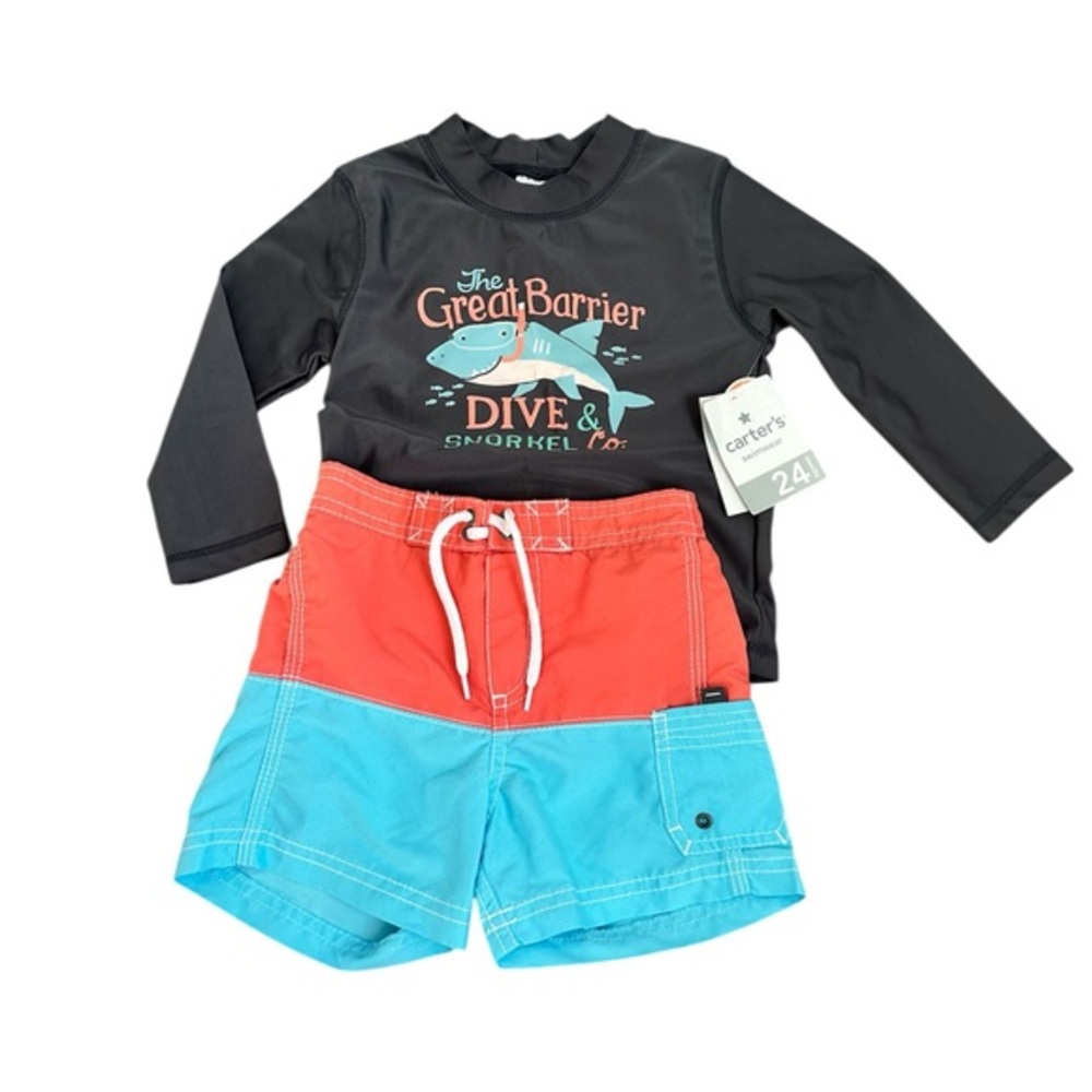 Carter's Boys Two-Piece Swim Set in Black, Coral & Aqua